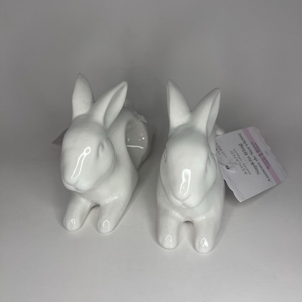 Ashland Set Of 2 Ceramic White Bunny/Rabbit Napkin Holder - NEW
